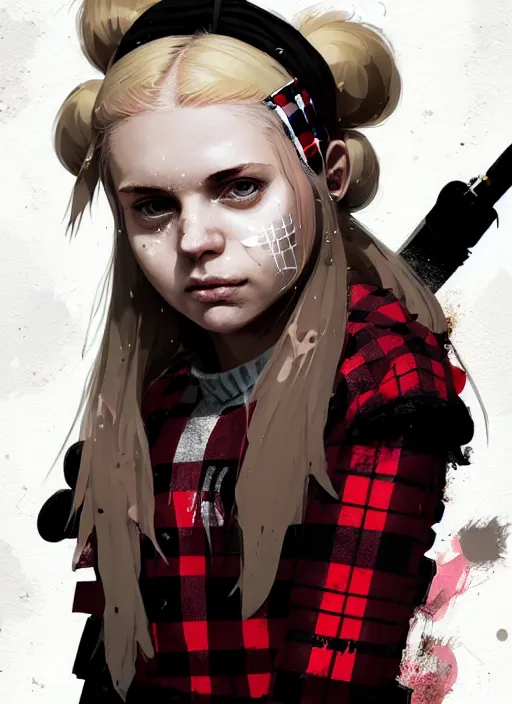 Prompt: highly detailed closeup portrait of a sewer punk pretty swedish female road warrior student, tartan garment, blonde hair pigtails with headband by atey ghailan, by greg rutkowski, by greg tocchini, by james gilleard, by joe fenton, by kaethe butcher, gradient red, black, brown and white color scheme, grunge aesthetic!!! white graffiti tag wall background