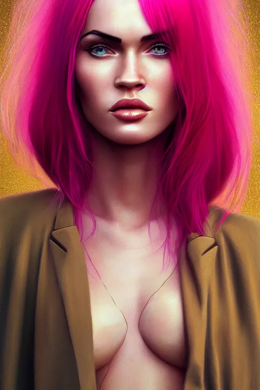 Image similar to Portrait of a beautiful pale skin Nordic female megan fox with long pink hair, elegant, photorealistic, highly detailed, artstation, smooth, sharp focus, gold ornaments, neon lighting, sci-fi, art by Klimt