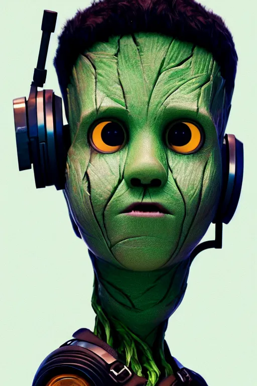 Image similar to duotone concept illustration 3 / 4 portrait of kid face consisting of marijuana, baby groot, cannabis!, high quality 3 d render very cute cyborg crow! incorporated speakers!, cyberpunk highly detailed, unreal engine cinematic smooth, in the style of blade runner & detective pikachu, hannah yata charlie immer, moody light, low angle, uhd 8 k, sharp focus