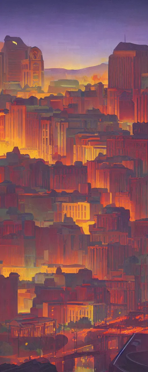 Image similar to Downtown Knoxville, dramatic cinematic lighting, rich colors, golden age illustration, by Sylvain Sarrailh and Nicholas Roerich and Ludwig Deutsch and April Gornik