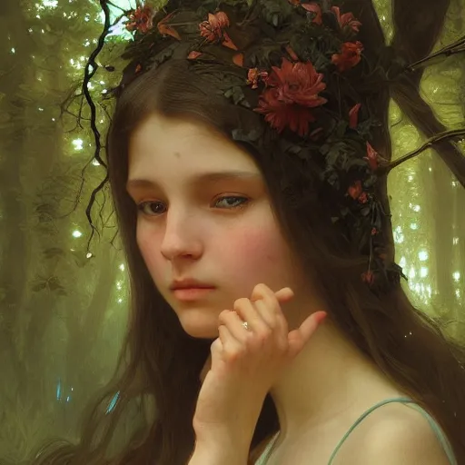 Prompt: painting of a mystic young girl in the forest, intricate, elegant, highly detailed, digital painting, artstation, concept art, smooth, sharp focus, illustration, art by artgerm and greg rutkowski and alphonse mucha and william - adolphe bouguereau