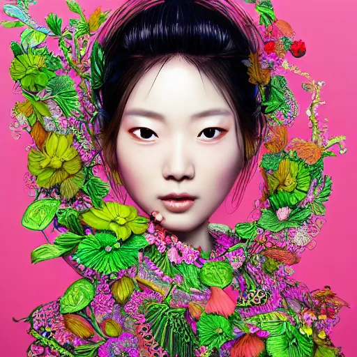 Prompt: the portrait of an absurdly beautiful, graceful, elegant, sophisticated asian woman made of strawberries and green petals, an ultrafine hyperdetailed illustration by kim jung gi, irakli nadar, intricate linework, bright colors, octopath traveler, final fantasy, unreal engine 5 highly rendered, global illumination, radiant light, detailed and intricate environment