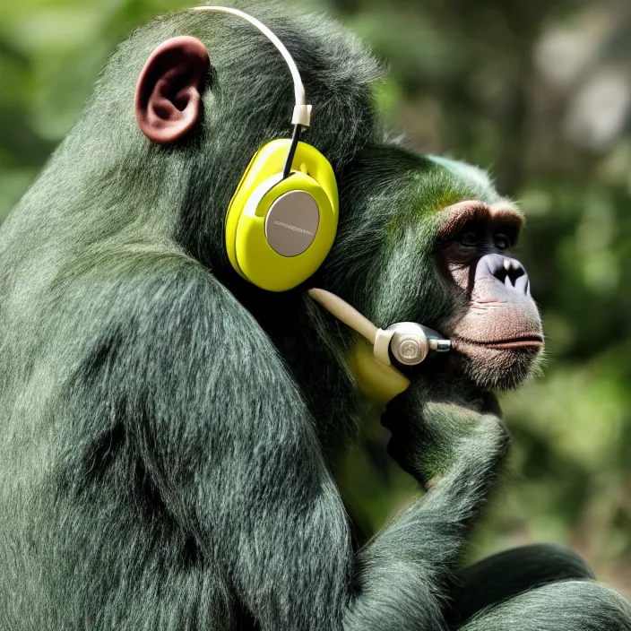 Image similar to a high quality photo of a green chimp wearing headphones, realism, 8k