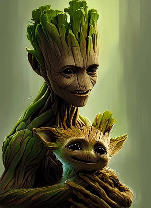 Image similar to very detailed masterpiece painting of groot holding yoda, portrait, artstation, concept art by greg rutkowski