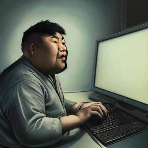 Image similar to a insanely detailed painting of a slightly overweight asian man wearing a homemade superhero costumed, sitting at a computer desk nervously typing on the keyboard, in the style of peter mohrbacher, dramatic lighting and composition, trending on artstation, concept art, comic book, graphic novel