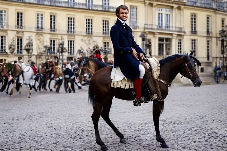 Image similar to closeup portrait of emmanuel macron dressed as napoleon riding a tiny horse in a paris street, natural light, sharp, detailed face, magazine, press, photo, steve mccurry, david lazar, canon, nikon, focus