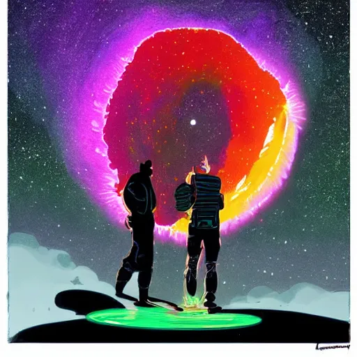 Prompt: Cosmic colorful ultima moongate, epic aura aurora borealis, digital matte black paper art, by Laurie Greasley and Quentine Mabilles and Xsullo, beautiful epic night fire seascape art by Laurie Greasley and Quentine Mabilles and Xsullo