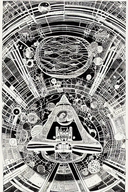 Prompt: a black and white drawing of an ancient future japanese temple international space station, bioluminescence, a detailed mixed media collage by hiroki tsukuda and eduardo paolozzi and ernst haeckel, intricate linework, sketchbook psychedelic doodle comic drawing, geometric, street art, polycount, deconstructivism, matte drawing, academic art, constructivism