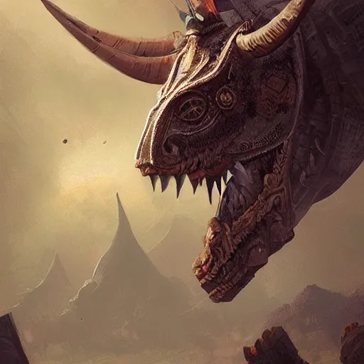 Image similar to triceratops with aztec headdress, greg rutkowski, digital illustration, concept art, dnd, face, fantasy, intricate, elegant, highly detailed, digital painting, artstation, full body, long shot, light from above