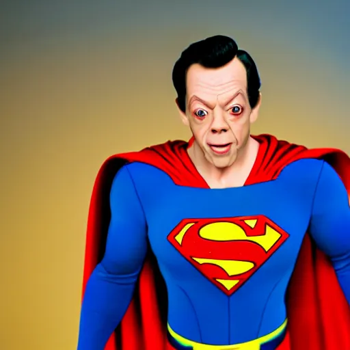 Image similar to don knotts as superman, detailed face, terrified look on his face, professional photography, cinematic, 8k,