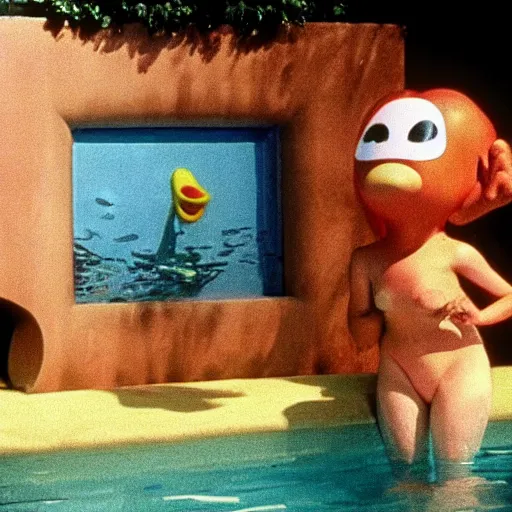 Prompt: a female anthropomorphic nostril in a swimming pool, children's television show, 1974, technicolor