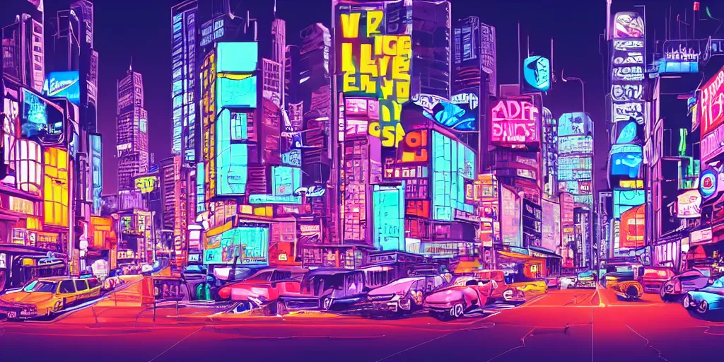 Prompt: cityscape covered with neon billboards and dark streets, cartoon