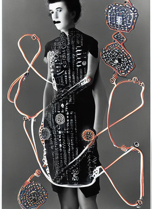 Image similar to Portrait of a fractal cosmonaut girl wearing kimono made of circuits and leds, surreal photography by Man Ray