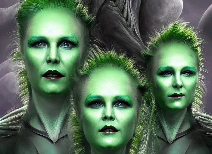 Prompt: beautiful aliens faces with green hair, 8 k, matte painting, in the style of artist, giger