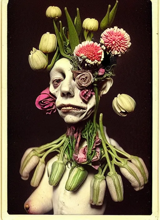 Image similar to beautiful and detailed rotten woman made of plants and many types of stylized flowers like carnation, chrysanthemum, roses and tulips, anatomica, intricate, organs, ornate, surreal, john constable, guy denning, gustave courbet, caravaggio, romero ressendi 1 9 1 0 polaroid photo