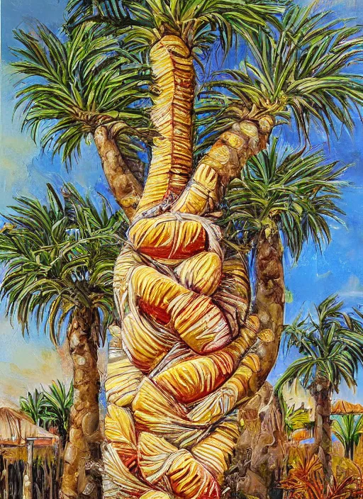 Image similar to baguettes grow instead of bananas on a palm tree, intricately detailed acrylic painting