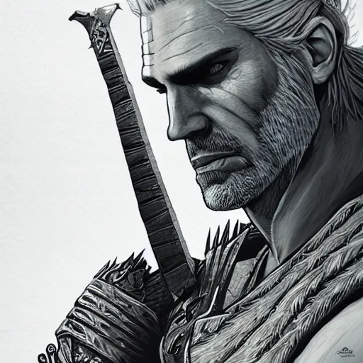 Prompt: Portrait of Geralt of Rivia reaching for a sword on his back, character design, fantasy, intense, dark atmosphere, highly detailed, ArtStation, trending on ArtStation, by Rinotuna