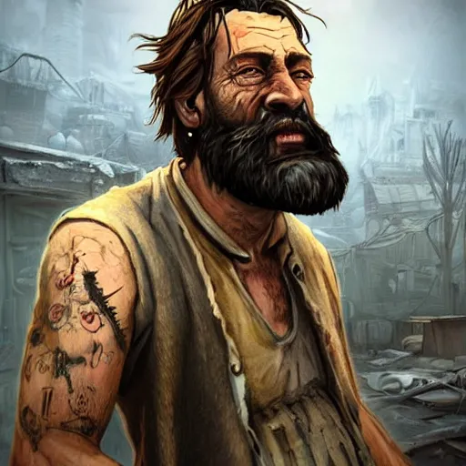 Prompt: centered detailed portrait of an old smuggler with a huge beard:: post apocalyptic, Fallout style, destroyed city on background::old grunge skin, scars, mutation::realistic character concept, identical eyes, gazing eyes, beautiful eyes medium shot, elegant pose, fantasy, illustration, slender symmetrical face and body, artstation, cinematic lighting, hyperdetailed, cgsociety, 8k Resolution, high resolution, Charlie Bowater, Tom Bagshaw, Tom Richmond, single face, insanely detailed and intricate, beautiful, elegant, golden ratio, vfx, psychedelic