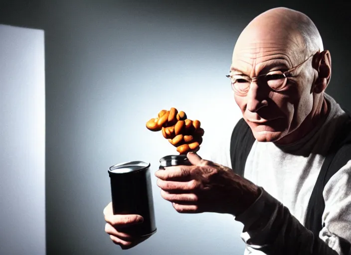 Image similar to a scene from a 2 0 2 0 s halloween kills, patrick stewart is eating from a can of beans, vhs distortion, cathode ray tube distortion, folk horror, hauntology, 8 k, 8 5 mm f 1. 8, studio lighting, rim light, right side key light