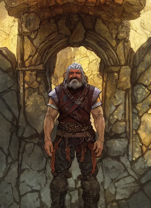 Prompt: Hulgen the dwarf. A humble dwarven stone mason completes the great gate of kings. Fantasy concept art. Moody Epic painting by James Gurney, and Alphonso Mucha. ArtstationHQ. painting with Vivid color. (Dragon age, witcher 3, lotr)