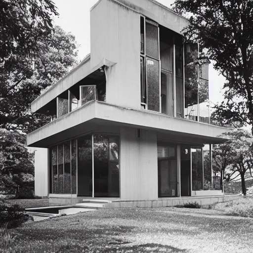 Image similar to second story elevated white brutalist home perched atop 2 equidistant separated large piers, double cantilevered design, large windows, elegant, white stone, proportion, golden ratio, epic composition, steel window mullions, cars parked underneath