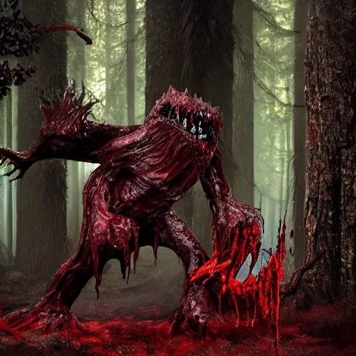 Prompt: photorealistic fantasy monster dripping with blood, lurking in the woods, found footage, hyper realistic
