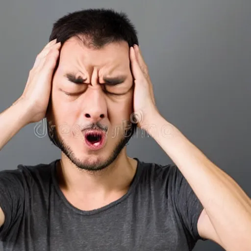 Prompt: a man who is covering his ears from a very loud noise, pained expression, stock photography, shutterstock, 4 k