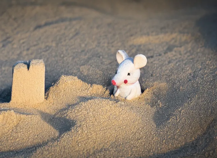 Prompt: dslr photo still of a cute little white mouse peaking out of a sand castle on wet sand in a bright sunny day, 8 k, 8 5 mm f 1. 4