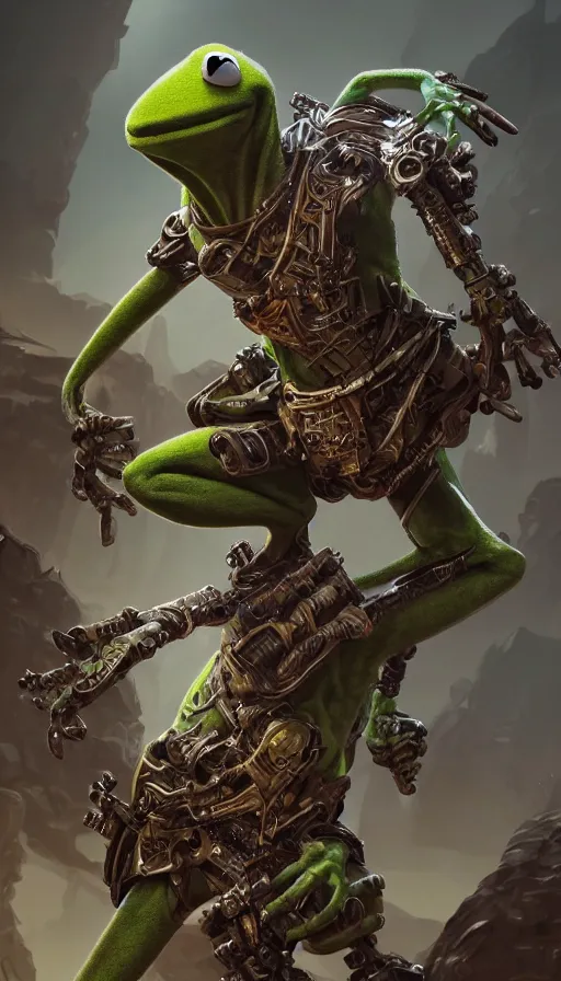 Image similar to Kermit cyborg warrior, insane, intricate, highly detailed, digital painting, artstation, concept art, smooth, sharp focus, illustration, Unreal Engine 5, 8K