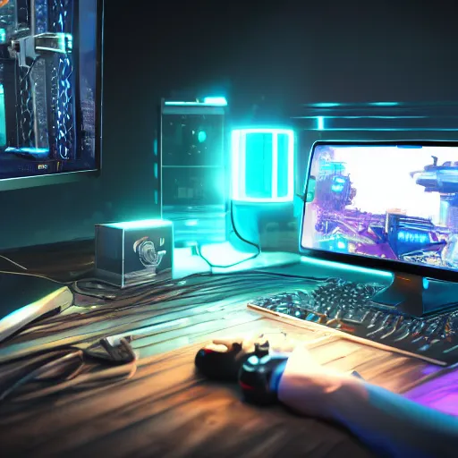 Prompt: gaming setup from future, cyberpunk style, product photo, octane render, unreal render, ultra detail, no noise, isometric, full view