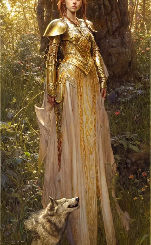 Prompt: highly detailed full body portrait of a enchanted wolf in the form of a beautiful young princess. d & d, art by donato giancola and ruan jia and carl larsson and magali villeneuve. trending on artstation, intricate details, energetic composition, golden ratio, concept art, illustration, elegant art