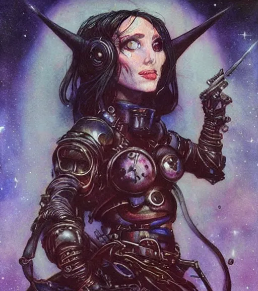 Image similar to portrait of female space pirate, night sky background, beautiful! coherent! by brom, by brian froud, deep color, strong line, high contrast