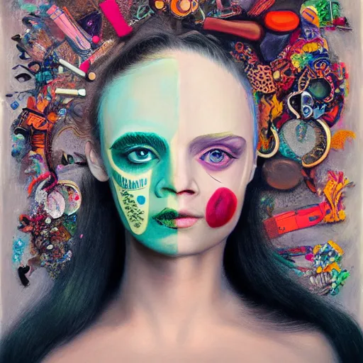 Image similar to a painting of a woman's face with many different things on her face, a surrealist painting, behance contest winner, pop surrealism, surrealist, detailed painting, poster art