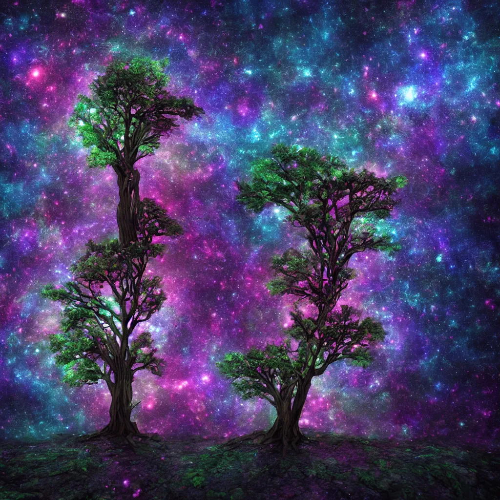 Prompt: Tree in a galaxy made of stars, space, nebulas stars Dmt Psychedelic cosmos, cosmic, Hallucination, night sky; 8k, artstation, unreal engine, octane render, hdr, surrealistic, hyperrealism, glow, photorealistic, volumetric lighting, Dreamy, dynamic, mystical