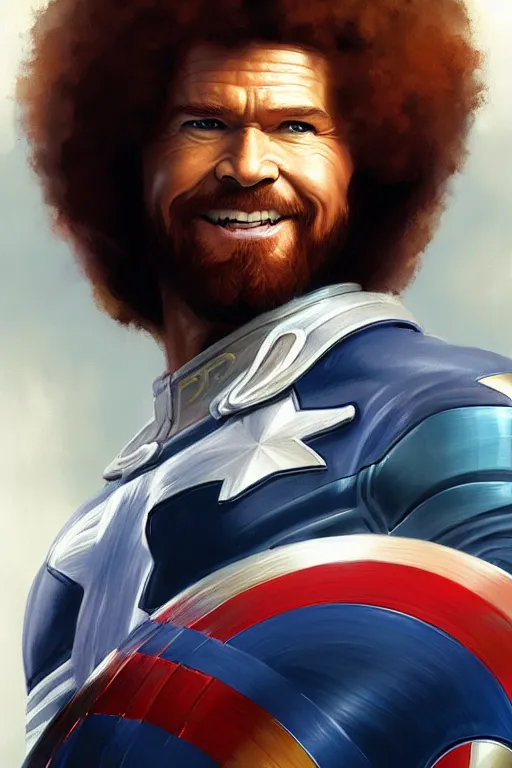 Image similar to bob ross as captain america, portrait, highly detailed, digital painting, artstation, concept art, smooth, sharp focus, illustration, cinematic lighting, art by artgerm and greg rutkowski and alphonse mucha