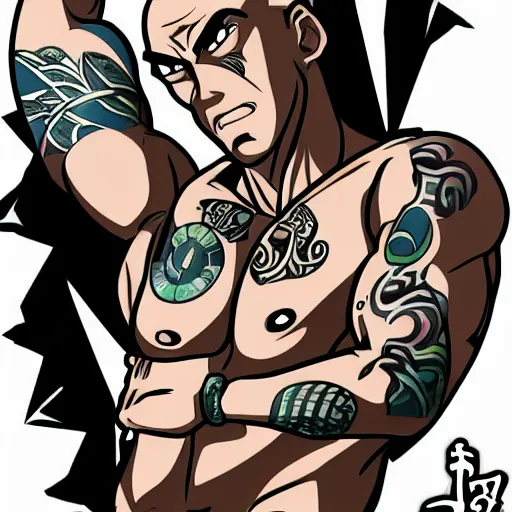 Prompt: muscular bald man, tattooed body, sword in hands, HD, anime style,