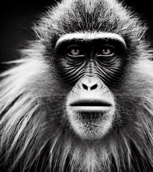 Image similar to Award winning Editorial photograph of Early-medieval Scandinavian Folk monkey with incredible hair and fierce hyper-detailed eyes by Lee Jeffries, 85mm ND 4, perfect lighting, wearing traditional garb, With huge sharp jagged Tusks and sharp horns, gelatin silver process