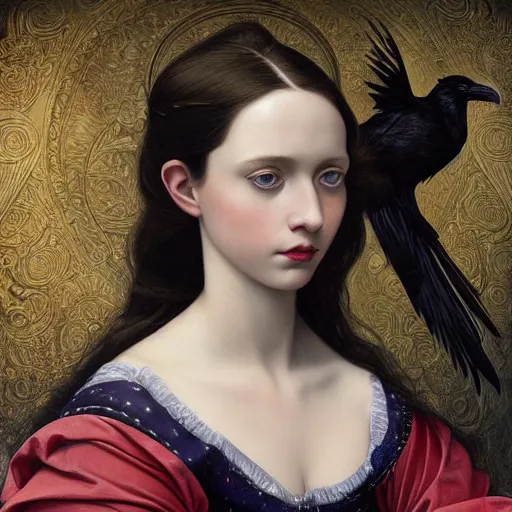 Image similar to full body portrait of a girl with blue eyes, gentle face, long dark hair, intricate detailed goth dress, among ravens, highly detailed, deep focus, elegant, digital painting, smooth, sharp focus, golden ratio, illustration, ultra realistic, 8 k, art by artgerm, artemisia lomi gentileschi and caravaggio