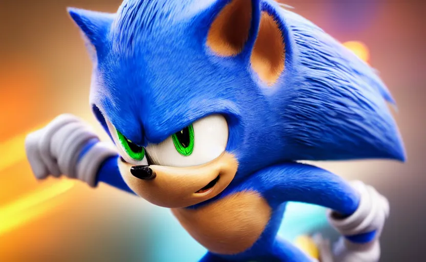 Prompt: a stunning cinematic render of sonic, movie scene, octane render, vivid colors, 32k, denoise, 3d shaders, ambient occlusion, renderman, , high sample render, deep colors, dramatic lighting