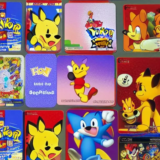 Image similar to photograph of winnie the pooh and super mario and sonic the hedgehog anime style, on pokemon card packs at target