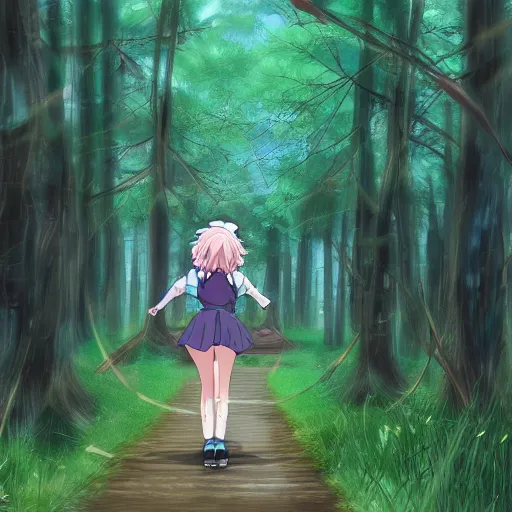 Prompt: A happy anime girl skipping down a path in a forest, anime shading, digital art, hyper-realistic