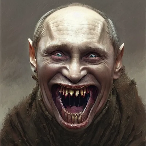 Image similar to vladimir putin, is evil gremlin, rotten teeth, horror, macabre by donato giancola and greg rutkowski and wayne barlow and zdzisław beksinski, realistic face, digital art