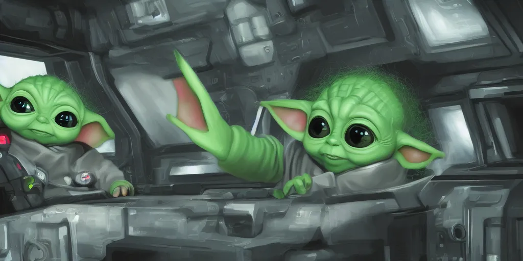 Prompt: Baby Yoda sitting in the cockpit of a spaceship, hyperdetailed, artstation, cgsociety, 8k