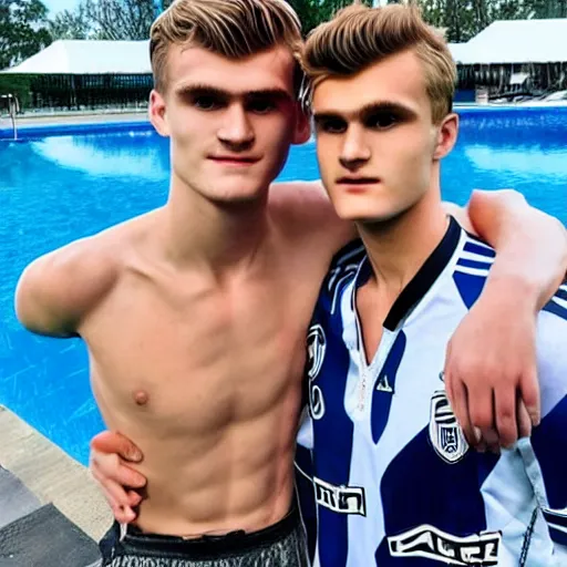 Image similar to a realistic detailed photo of a guy who is an attractive humanoid who is half robot and half humanoid, who is a male android, soccer players martin ødegaard & timo werner, shiny skin, posing like a statue, blank stare, by the pool, on display, showing off his muscles