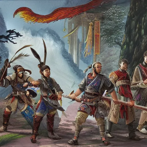 Prompt: a party of 5 adventurers in fantasy china, painting