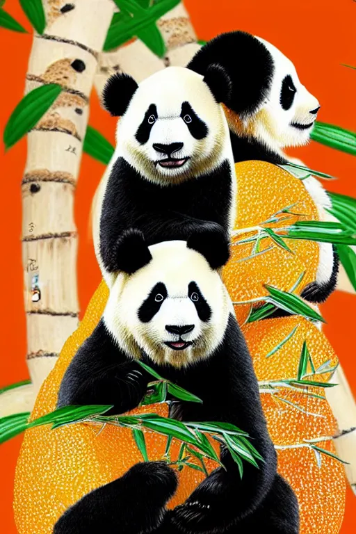 Image similar to Panda on orange chothes, bamboos on background