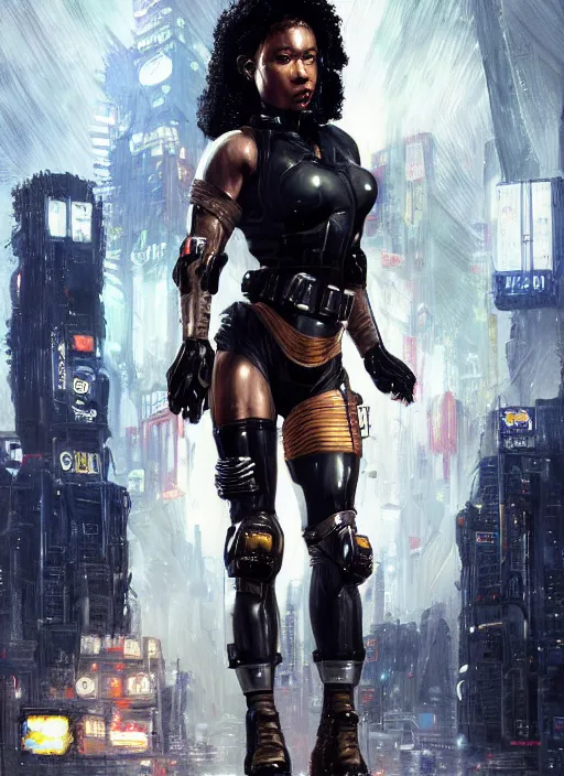 Image similar to black chun li. cyberpunk police trooper in a military vest ( blade runner 2 0 4 9, cyberpunk 2 0 7 7 ). orientalist portrait by john william waterhouse and james gurney and theodore ralli and nasreddine dinet, oil on canvas. cinematic, hyper realism, realistic proportions, dramatic lighting, high detail 4 k