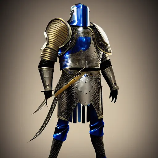 Prompt: full body knight in baroque plate armor, polished metal, blue hue, dramatic rim light, cinematic lighting, full character design, digital painting, hyper realistic, trending on artstation