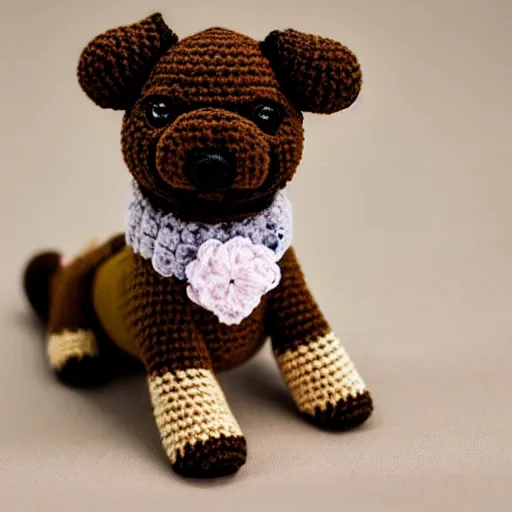 Prompt: a crochet puppy, very cute, kawaii, extremely detailed, complex, intricate, Sigma 50mm f/1.4