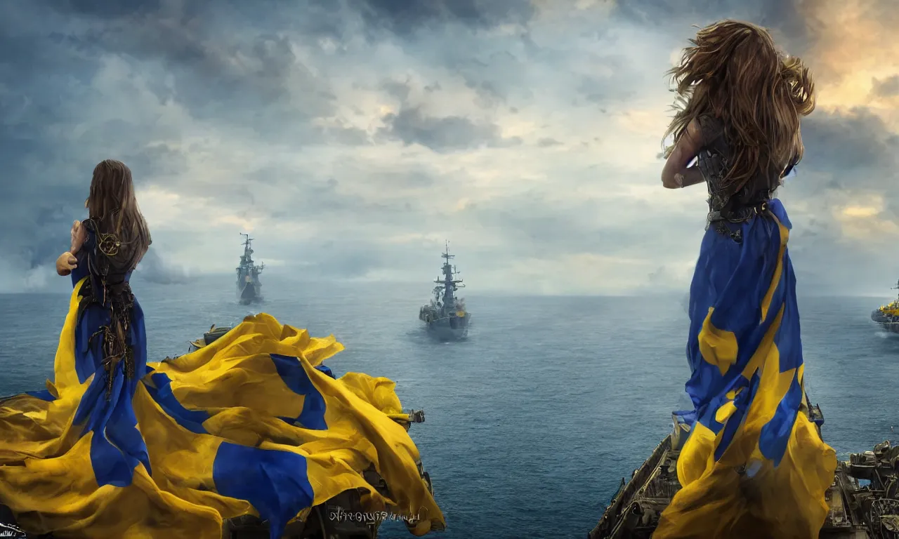 Prompt: cinematic shot from behind of a beautiful girl in national blue and yellow dress with beautiful hair standing against and facing a huge realistic detailed Russian warship on the horizon. She is ready to fight. Ukrainian flag on the left side, concept art, сinematic lighting, insanely detailed, smooth, sharp focus, Artstation, 8k, unreal engine, hyper realistic, steampunk style, bright background, moonlight, volumetric lighting, wallpaper, digital illustration by Ruan Jia and Mandy Jurgens and Artgerm and Wayne Barlowe and Greg Rutkowski and Zdislav Beksinski